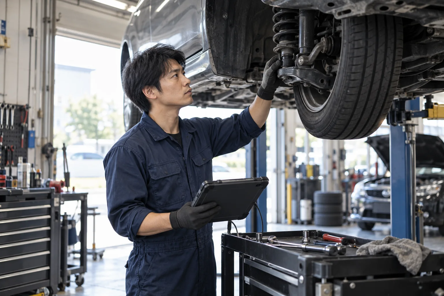 リフトで上げた車両を点検しながらタブレットで診断情報を確認する自動車整備士の生成イメージ