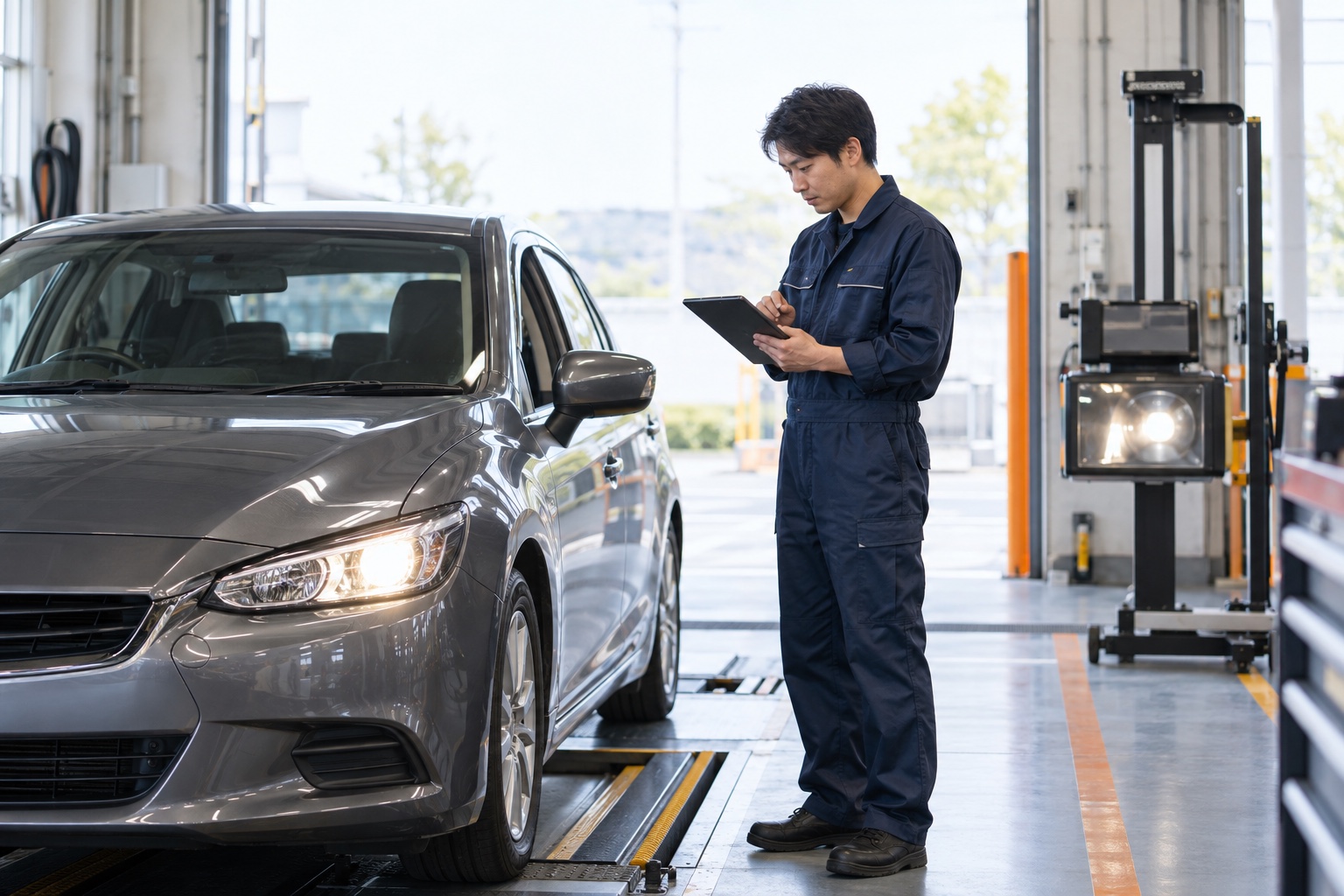 検査ラインで車両と検査結果を確認する自動車検査員のイメージ