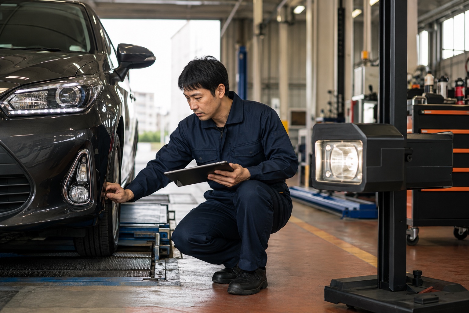 指定整備工場の検査ラインで車両を確認する自動車検査員のイメージ