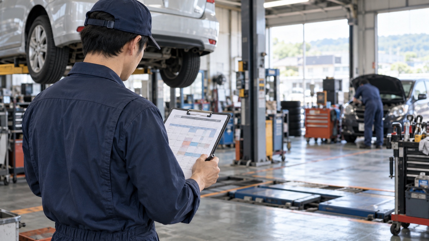 整備工場で車両のそばに立ち勤務予定表を確認する整備士の生成イメージ