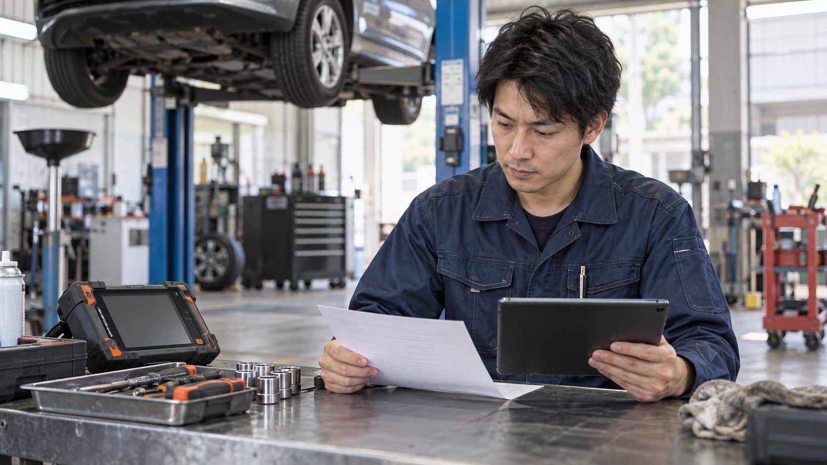 整備工場で作業経験をタブレットと用紙に整理する自動車整備士の生成イメージ