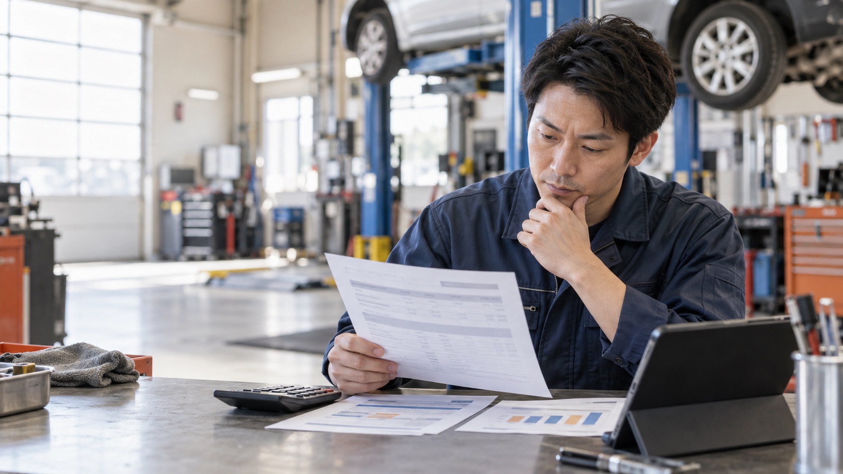 整備工場で求人の給与内訳を確認する自動車整備士のイメージ