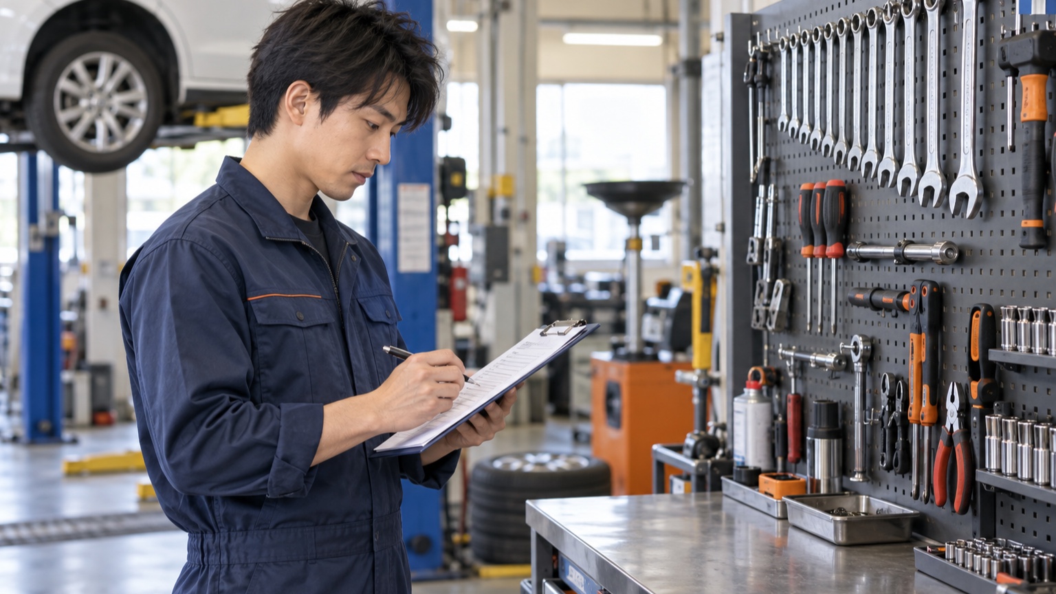 整備工場で貸与工具の一覧と工具棚を確認する自動車整備士のイメージ