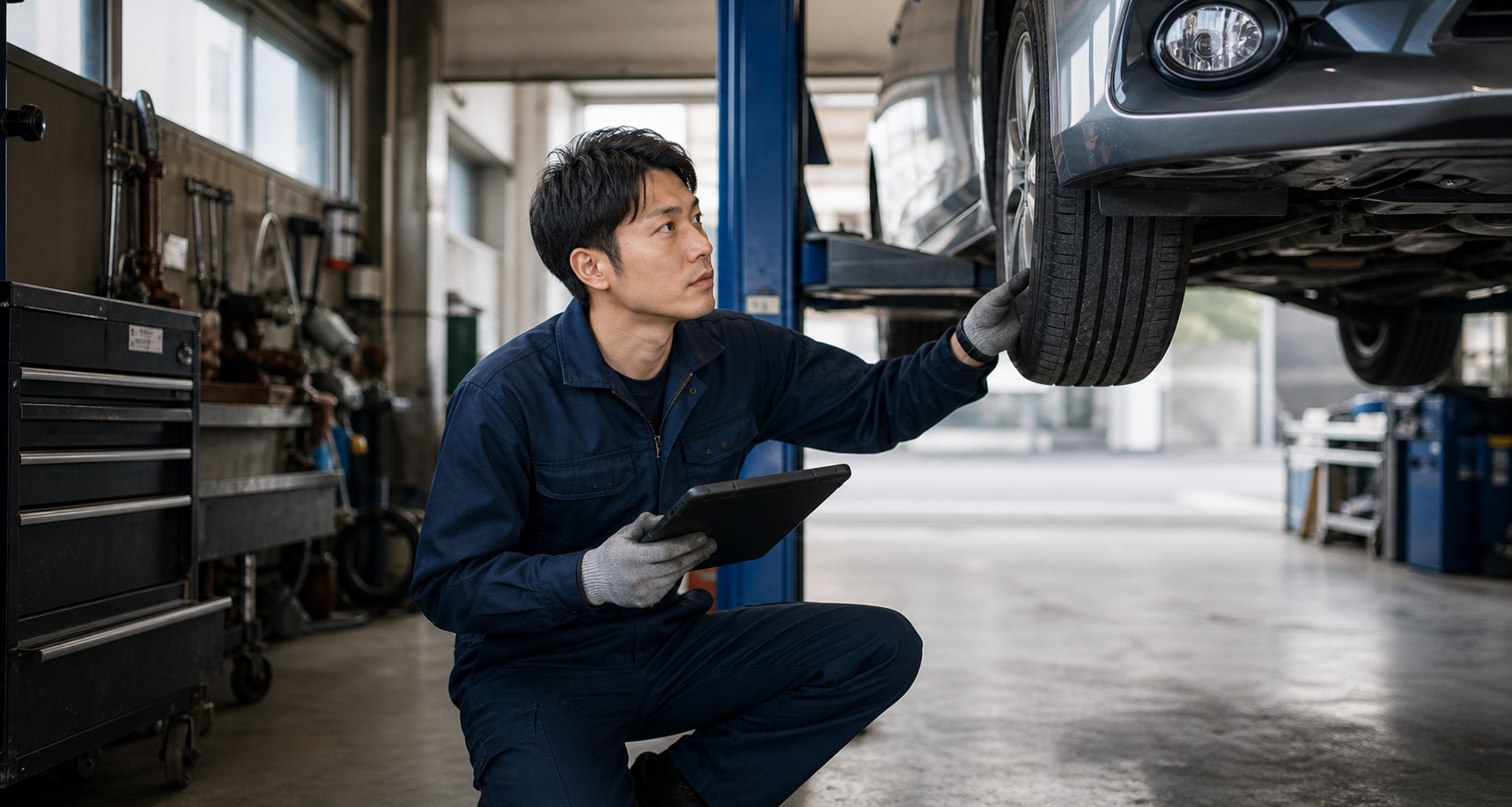 整備工場で車両を点検する整備士の生成イメージ。実在の人物・工場ではありません。