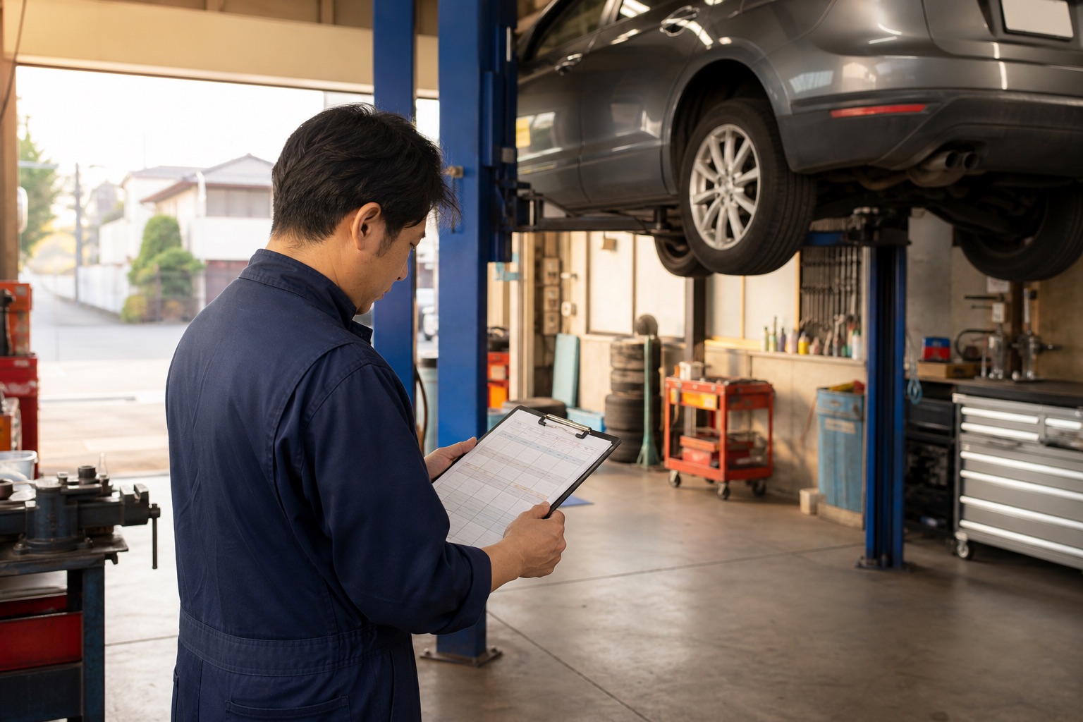整備工場で勤務予定表を確認する自動車整備士のイメージ